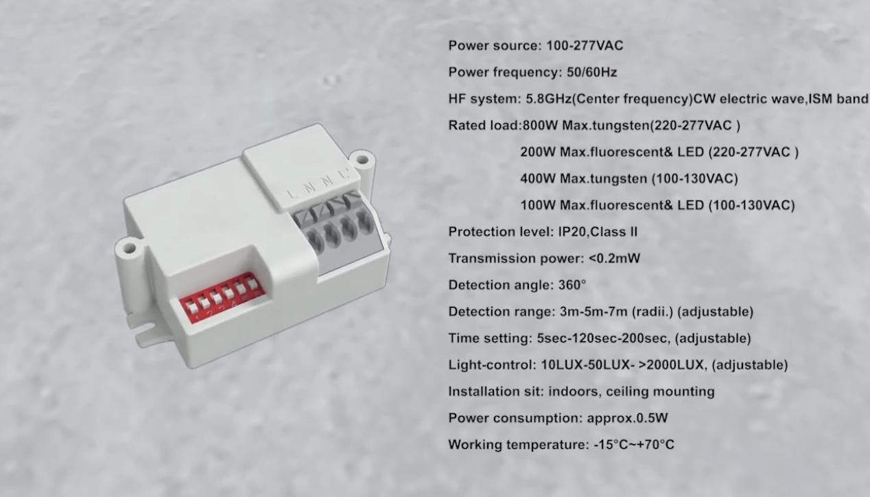 Seolann PDLUX PD-MV1031-5.8GHz 360 ° Braiteoir Tairisceana MICREATHONNACH le haghaidh Soilsiú Cliste & Slándáil
